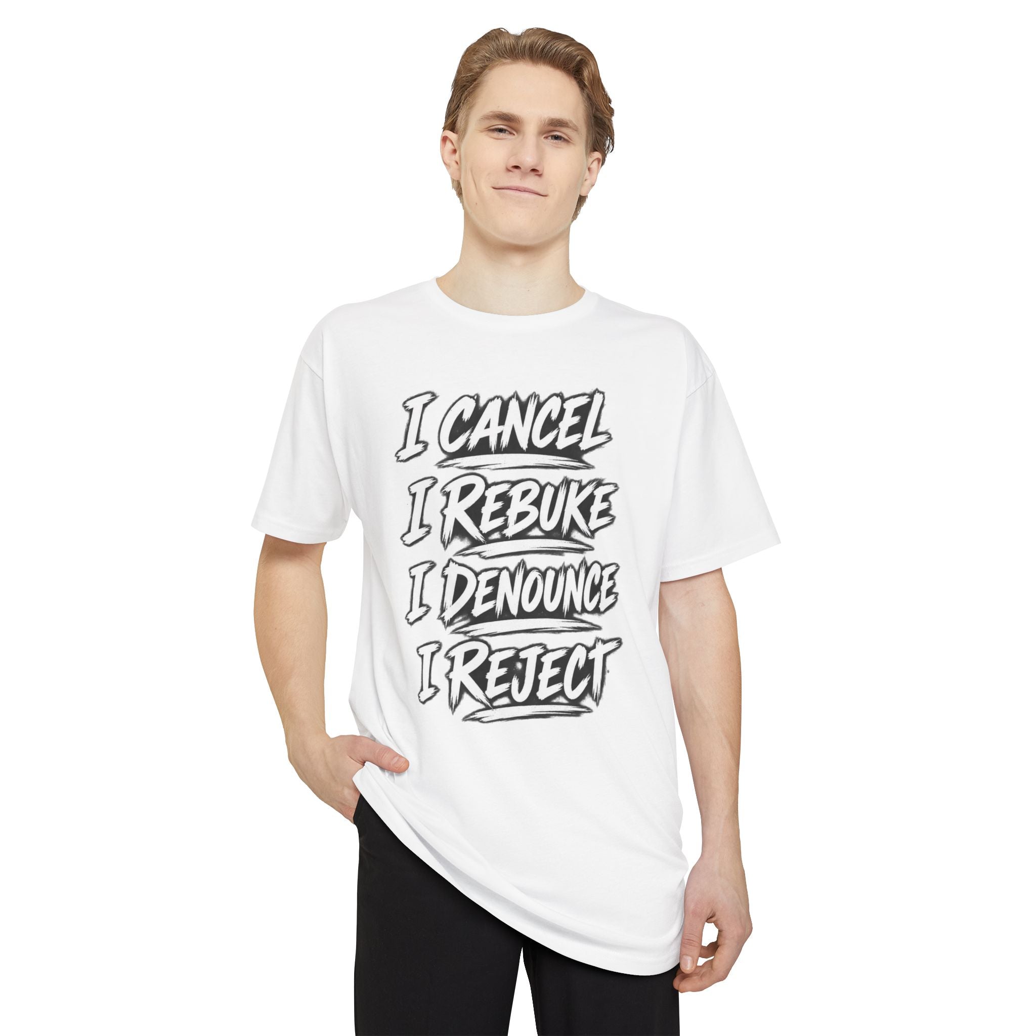 I Cancel I Rebuke I Denounce I Reject — Long Body Tee (No Weapon Formed Will Prosper, Isaiah 54:17)