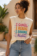 Colorful Women’s Sleeveless Shirt  Title: I Cancel, I Rebuke, I Denounce, I Reject | Isaiah 54:17 Faith Muscle Tee