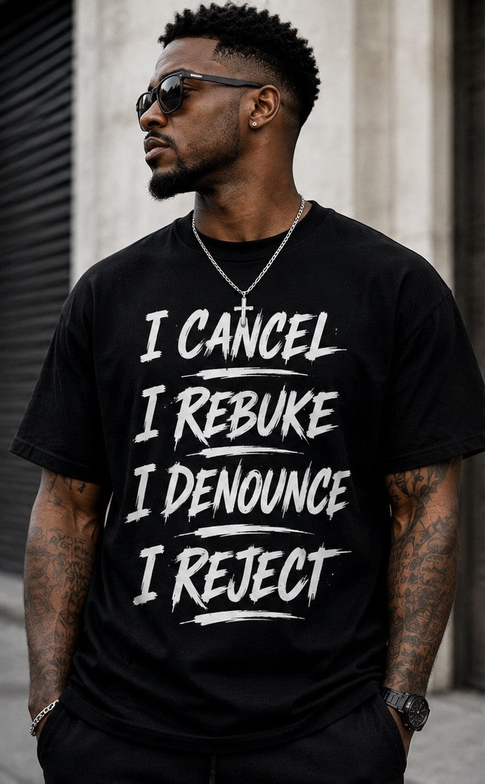 Charcoal Unisex Statement Tee  Title: I Cancel. I Rebuke. I Denounce. I Reject. | Isaiah 54:17 Unisex Faith Tee