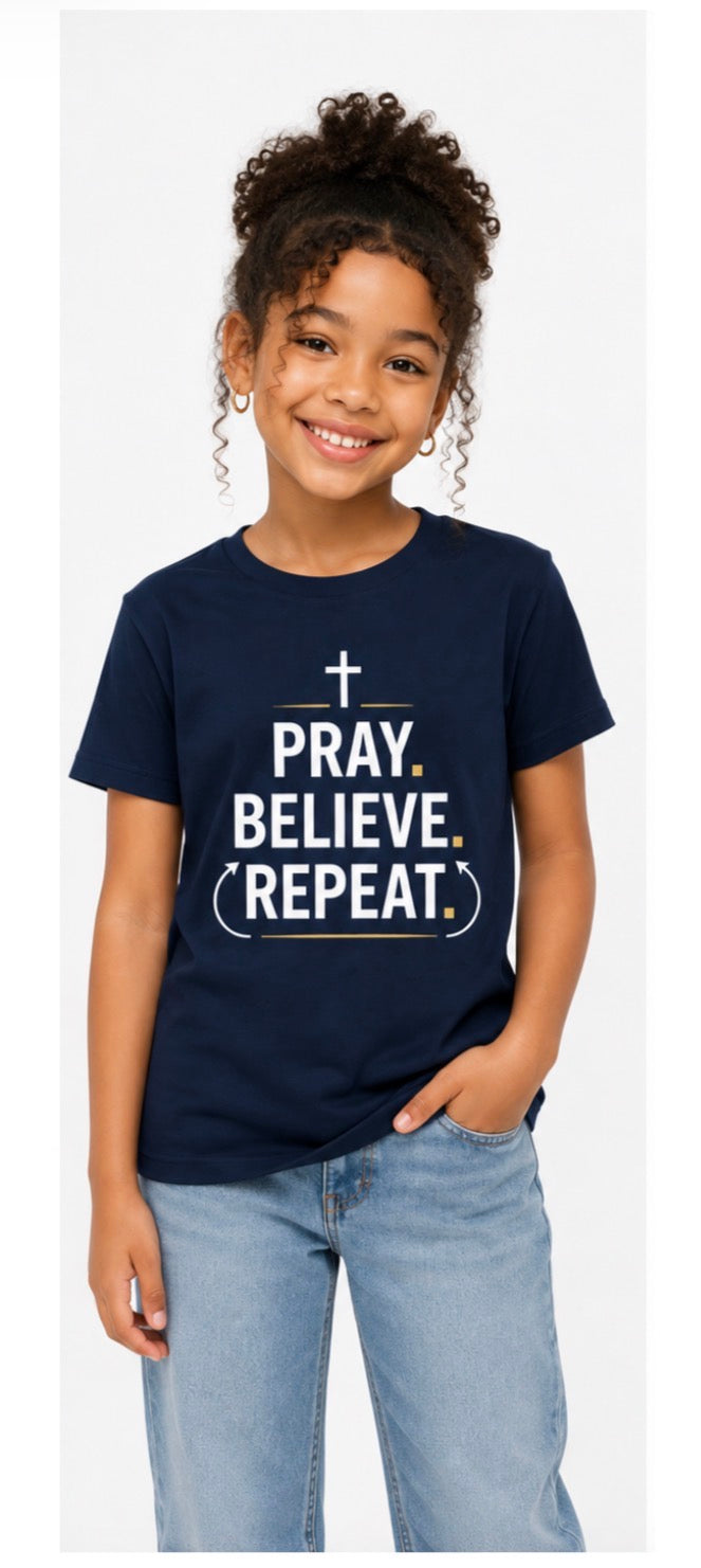 Kids Christian T-Shirt | Pray Believe Repeat | Faith Hope Grace