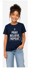 Kids Christian T-Shirt | Pray Believe Repeat | Faith Hope Grace