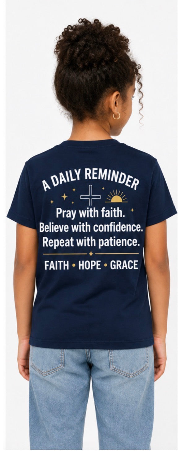 Kids Christian T-Shirt | Pray Believe Repeat | Faith Hope Grace